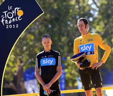Bradley Wiggins y Chris Froome en el Podio Tour 2012 , sky vuelta , skyteam cycling , team sky pro cycling , cris froome