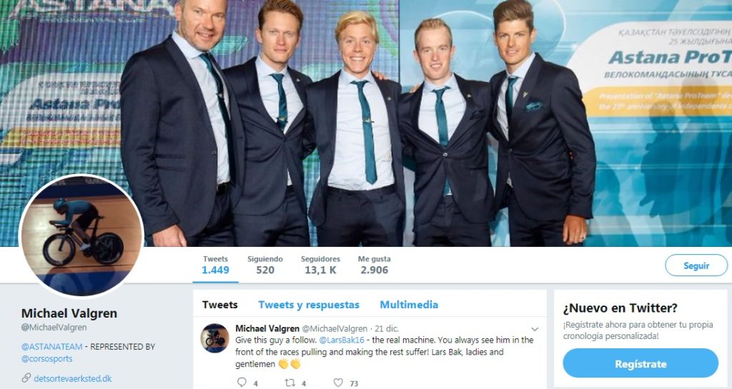 Michael Valgren Twitter, ciclista profesional del Astana Pro Team
