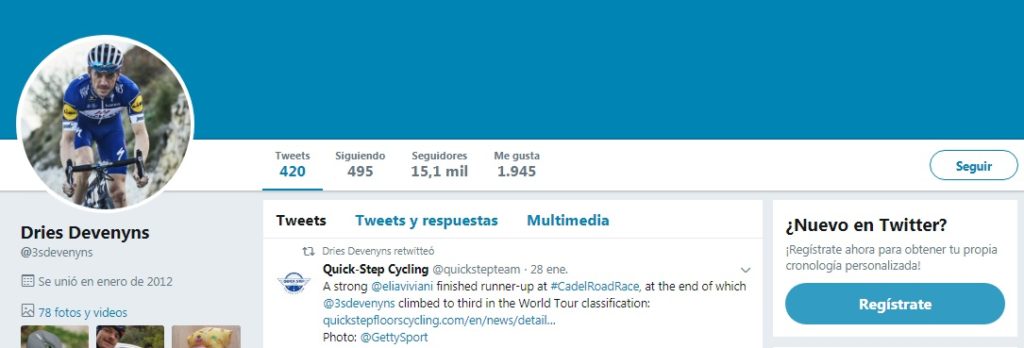 Dries Devenyns Twitter, ciclista del equipo Quick-Step-Floors
