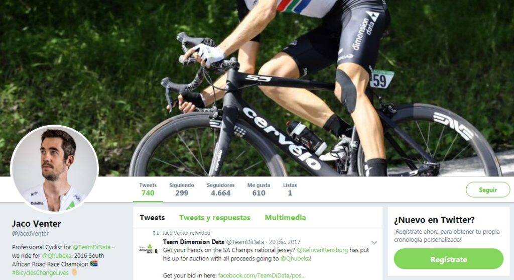Jacobus Venter Twitter, ciclista profesional en el equipo ciclista Dimension Data