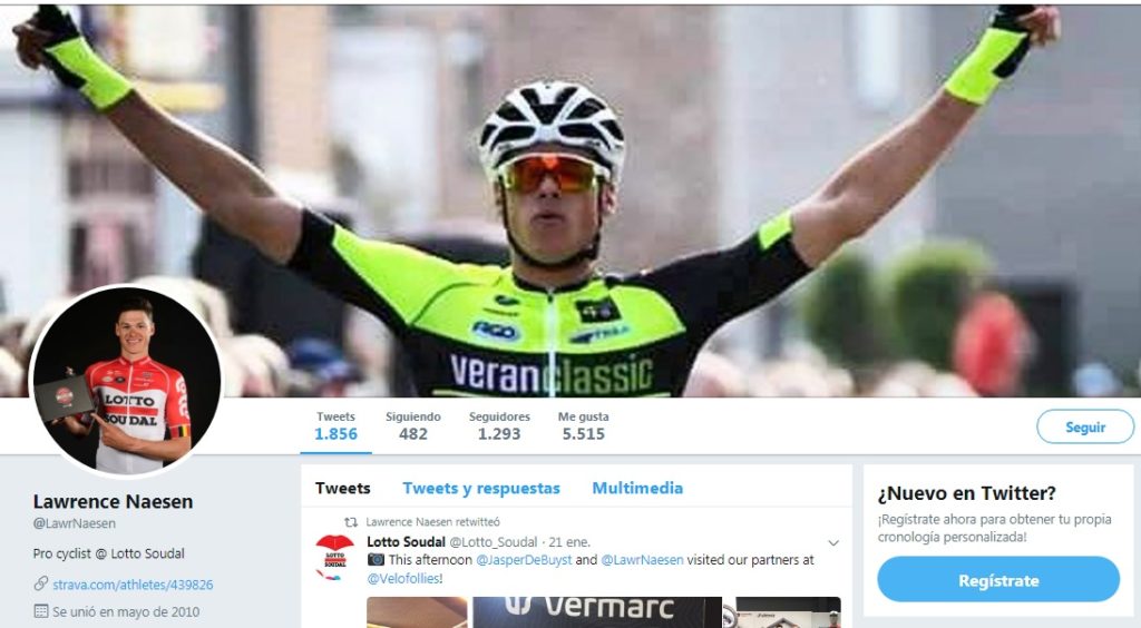 Lawrence Naesen Twitter, ciclista del equipo Lotto Soudal Cycling Team