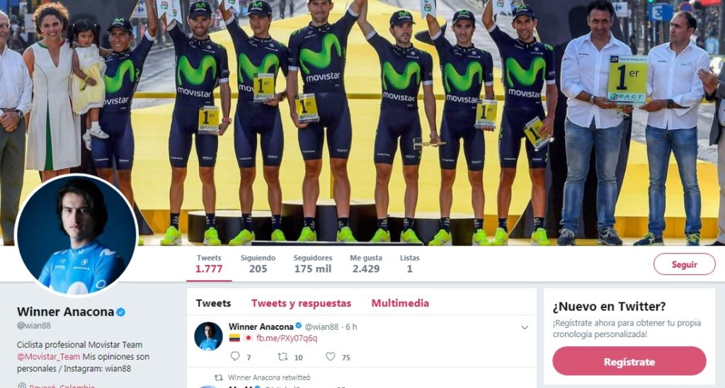 Winner Anacona Twitter, ciclista del equipo Movistar Team