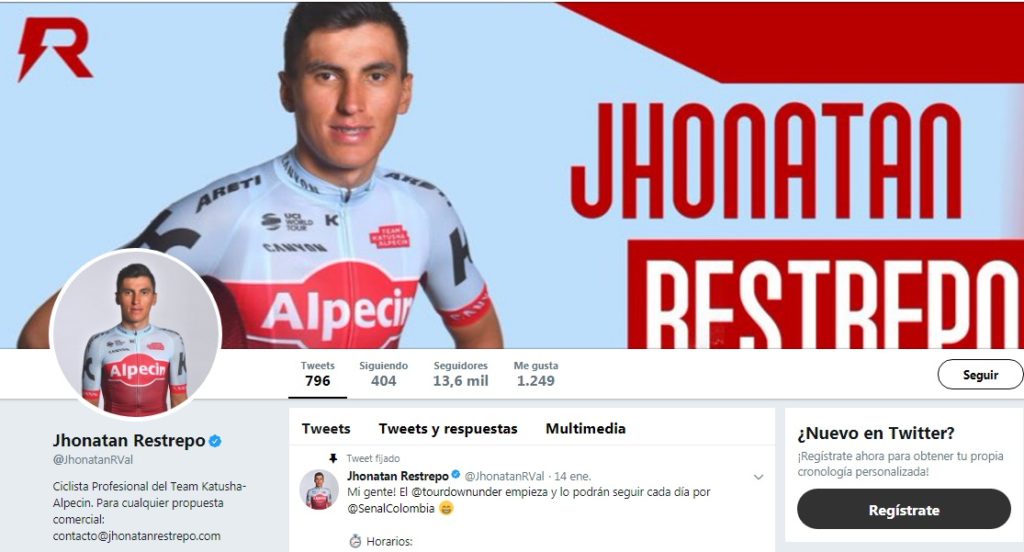 Jonathan Restrepo Twitter, ciclista del equipo Team Katusha Alpecin