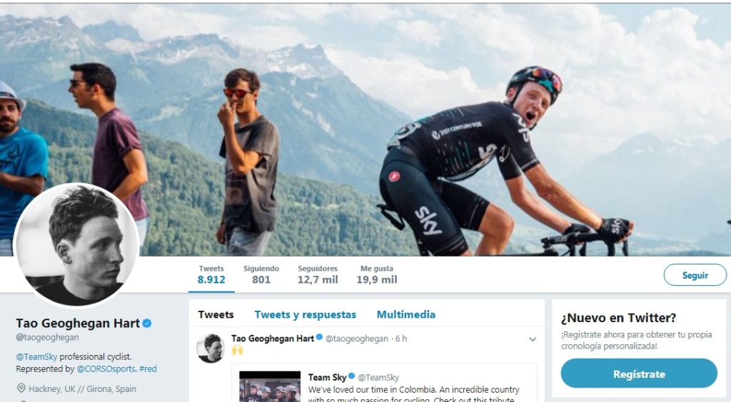 Tao Geoghegan Hart Twitter, ciclista del equipo Team Sky