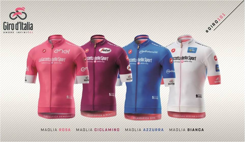 Maillots del Giro de Italia 2018. quién ganará el Giro de Italia 2018. Chris Froome, Tom Dumoulin, Thibau Pinot, Fabio Aru, Esteban Chaves